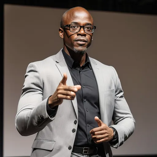 Prompt: Picture an African American man in a black pant suit, perhaps wearing jeans trousers and glasses and standing confidently in front of a screen. engaging with the audience through gestures and eye