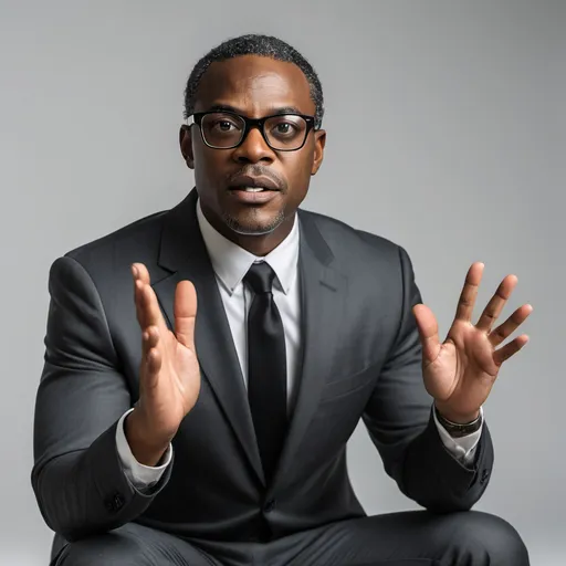 Prompt: Picture an African American man wearing a black suit with a gray pant and glasses, sitting in a well lit studio facing the screen and speaking confidently with eyes and hand gestures