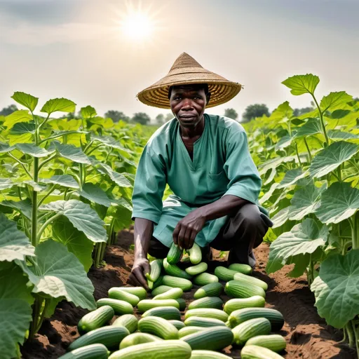 Prompt: Imagine an Yoruba farmer in traditional attire, tending to rows of lush cucumber plants under a bright sun. The landscape is dotted with green leaves, and the farmer is carefully inspecting the cucumbers, showcasing the dedication and hard work involved in farming