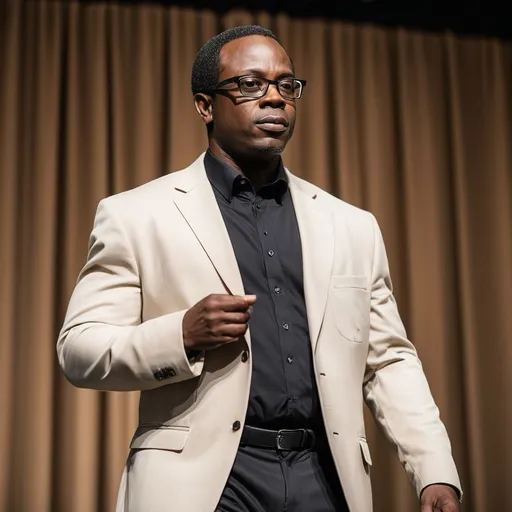 Prompt: Picture an African American man in a black pant suit, perhaps wearing jeans trousers and glasses and standing confidently in front of a screen. Walking down the stage