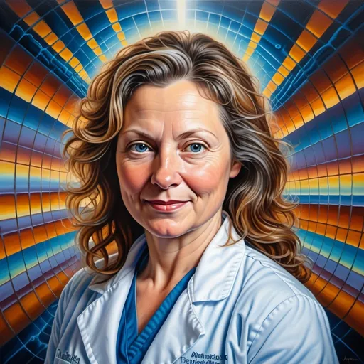 Prompt: (artistically styled painting), Robert Lyn Nelson-inspired, portrait of an 42-year-old white woman, 170 pounds, curvy and cute, (confident expression), physician and mother, wearing a labcoat, blue blouse, emanating a sense of intelligence, (vibrant colors), sound waves creatively integrated in the background, detailed textures, high quality, (dreamlike ambiance), soft lighting, (cozy atmosphere), balanced composition.