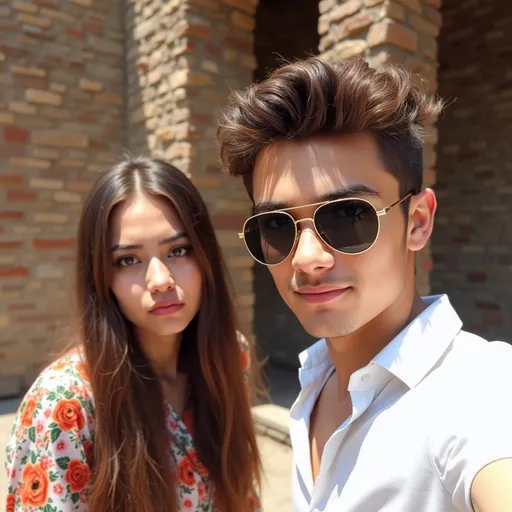 Prompt: In a vibrant outdoor setting, two individuals pose for a selfie against a backdrop of rustic brick walls, showcasing a rugged yet inviting atmosphere. The young man on the right, sporting sunglasses and a white collared shirt, exudes a confident demeanor, while his hair is styled in a trendy, voluminous manner. Beside him, a young woman with long, flowing hair appears contemplative, dressed in a floral-patterned blouse, contrasting her serious expression with the playful nature of the selfie. The scene is illuminated by bright sunlight, enhancing the earthy tones of the bricks and creating a sense of warmth and informal companionship, conveying a moment of friendship amidst a casual outing.