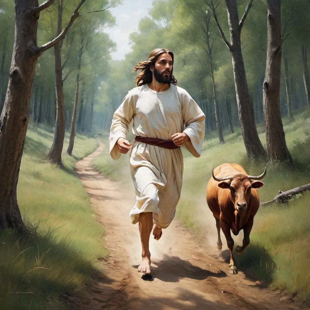 Prompt: Jesús corriendo detras de un cordero en el bosque. Foto estilo pintura.