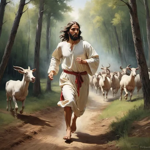 Prompt: Jesús corriendo detras de un cordero en el bosque. Foto estilo pintura.