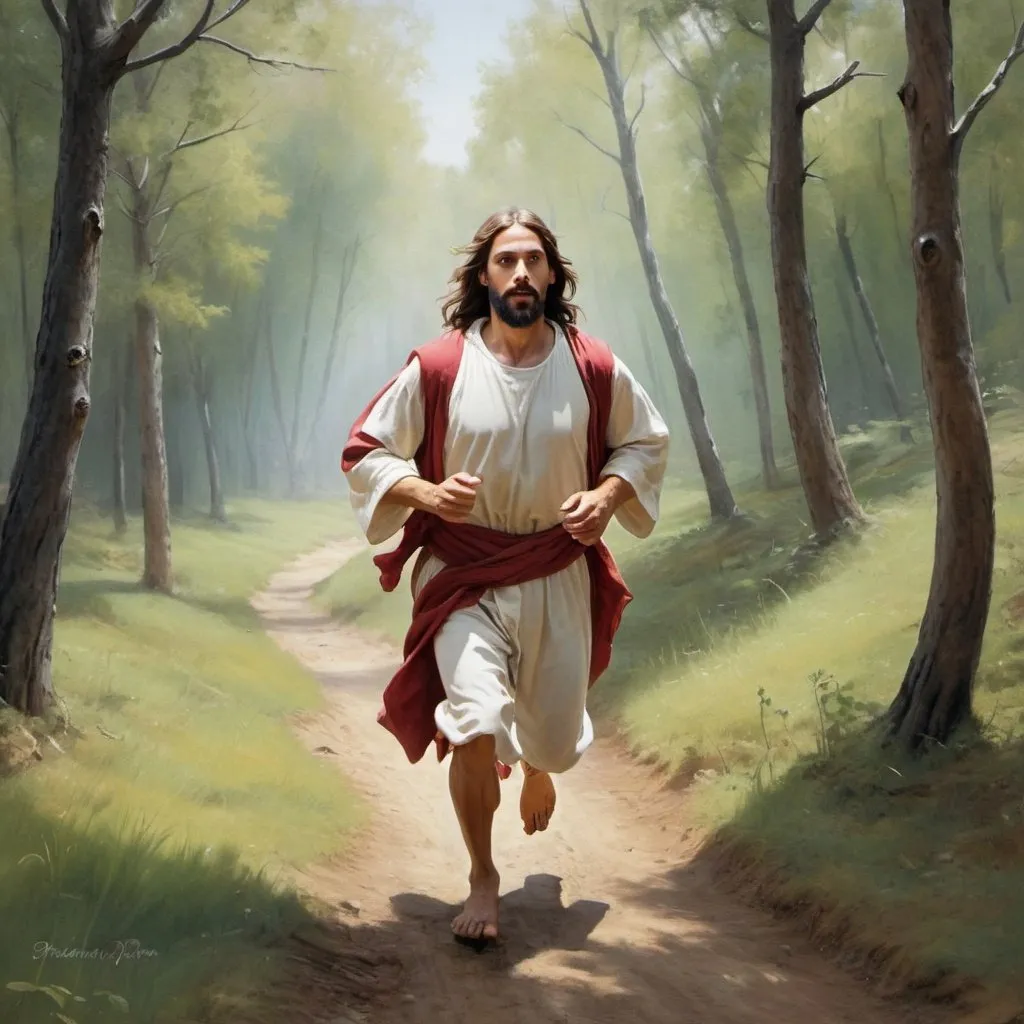 Prompt: Jesús corriendo detras de un cordero en el bosque. Foto estilo pintura.