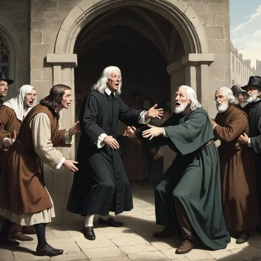 Prompt: an English cleric, theologian, and evangelist named John Wesley being robbed by another man