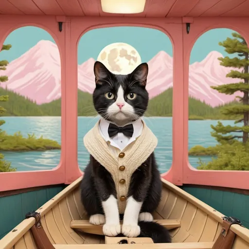 Prompt: Tuxedo Cat in a canoe in the style of Wes Anderson movie Moonrise Kingdom

