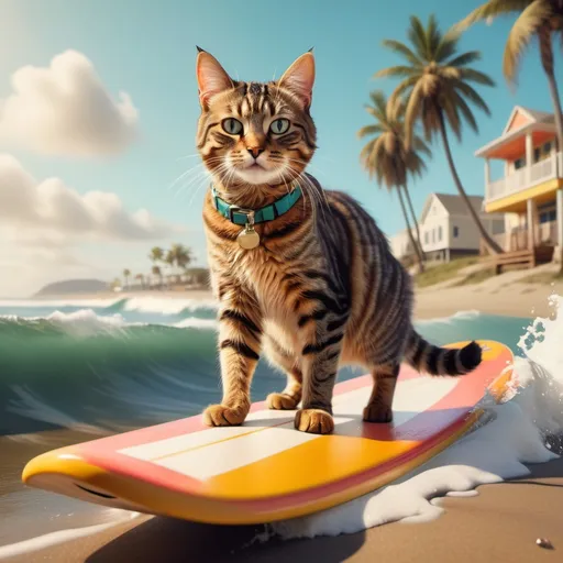 Prompt: Tabby cat surfing, (Wes Anderson style), ultra-realistic, vibrant colors, whimsical atmosphere, symmetrical composition, detailed fur textures, playful poses, surfboard with quirky design, sunny beach setting, retro vintage vibe, soft focus background, cinematic depth, balanced lighting, high detail, 4K quality.