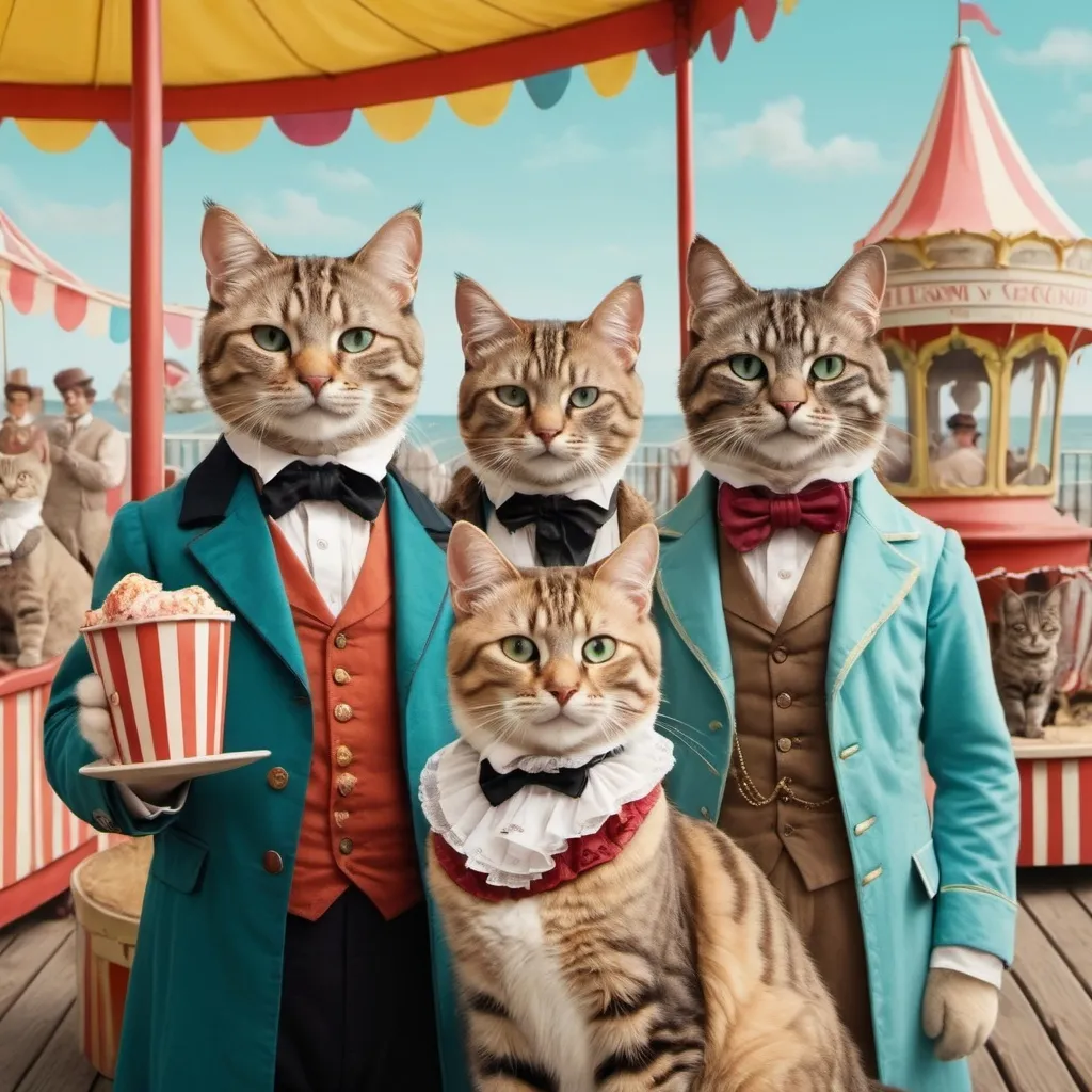 Prompt: The background setting is a summer carnival by the seaside. Subjects are human sized tabby cats of different colors wearing victorian clothing. The scene is Wes Anderson style with a color palette of the victorian time.