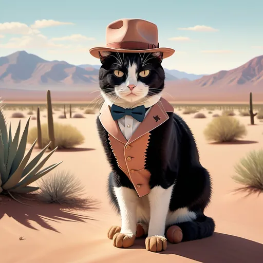 Prompt: (tuxedo cat), (Wes Anderson style), dressed in western gear, set against a vast desert landscape, muted pastel colors, symmetrical composition, quirky and cinematic vibes, detailed cat features, stylish hat and boots, warm sunlight casting long shadows, serene atmosphere, ultra-detailed, vibrant elements amidst the sandy terrain.