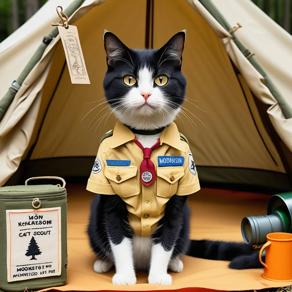 Prompt: Black and white cat wearing a generic scouting uniform in the style of Wes Anderson's movie Moonrise Kingdom. The scouting uniform has a name tag that is embroidered with CAT
. Background is a simple Boy Scout style tent with camping gear around the area