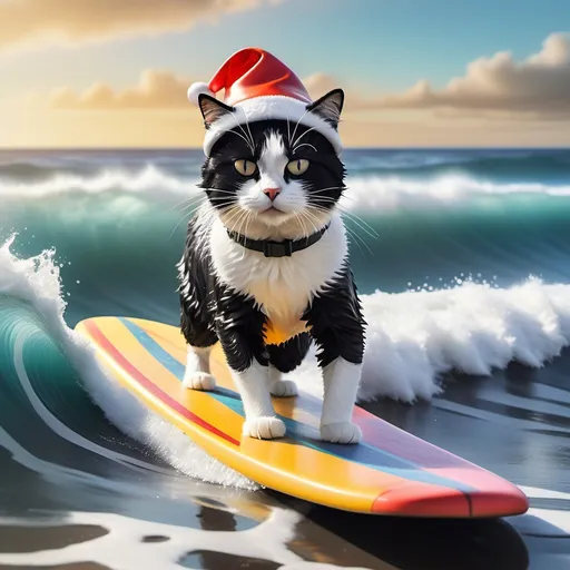 Prompt: Black and white cat surfing an ocean wave in classic surfing pose, (Wes Anderson style), wearing a wet suite and a Santa hat, ultra-realistic, vibrant colors, whimsical atmosphere, symmetrical composition, detailed fur textures, playful poses, surfboard with quirky design, sunny beach setting, retro vintage vibe, soft focus background, cinematic depth, balanced lighting, high detail, 4K quality.