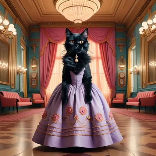 Prompt: Female black long hair cat (Wes Anderson style), dressed in Victorian ballgown, set in an elaborately grand large ballroom in the style of grand Budapest hotel, bold colors, symmetrical composition, quirky and cinematic vibes, detailed cat features, stylish ballgown, lively atmosphere, ultra-detailed, vibrant elements.