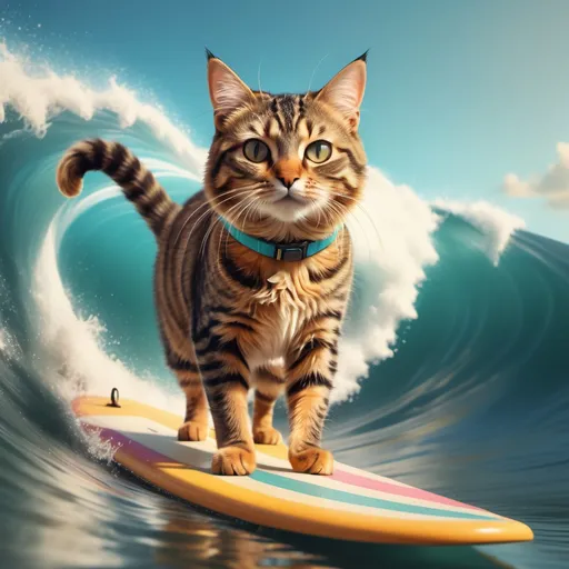 Prompt: Tabby cat surfing an ocean wave in classic surfing pose, (Wes Anderson style), ultra-realistic, vibrant colors, whimsical atmosphere, symmetrical composition, detailed fur textures, wearing swimsuit, playful poses, surfboard with quirky design, sunny beach setting, retro vintage vibe, soft focus background, cinematic depth, balanced lighting, high detail, 4K quality.