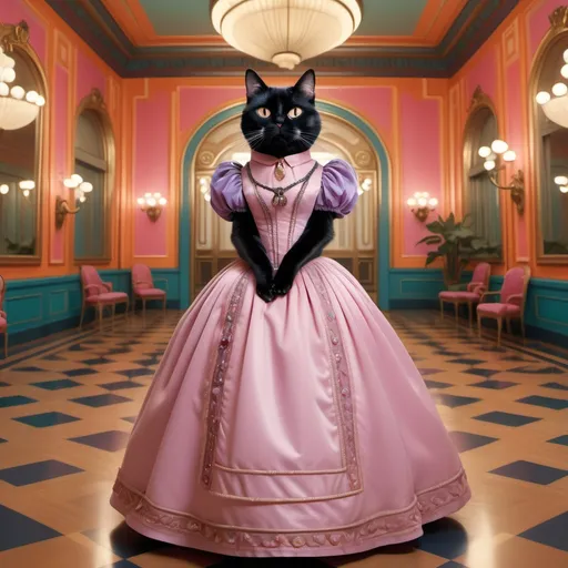 Prompt: Female black long hair cat (Wes Anderson style), dressed in Victorian ballgown, set in an elaborately grand large ballroom in the style of grand Budapest hotel, bold colors, symmetrical composition, quirky and cinematic vibes, detailed cat features, stylish ballgown, lively atmosphere, ultra-detailed, vibrant elements.