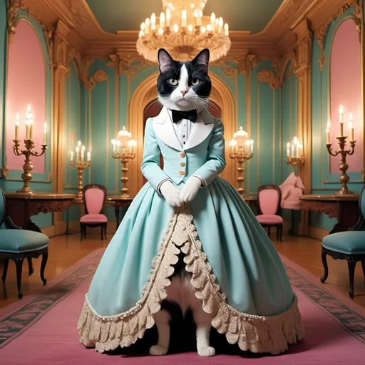 Prompt: (tuxedo cat), (Wes Anderson style), dressed in British Victorian ballgown, set in an elaborately ornate ballroom landscape, bold and quirky pastel colors, symmetrical composition, quirky and cinematic vibes, detailed cat features, stylish period ballgown, warm candlelight candelabras casting shadows, serene atmosphere, ultra-detailed, vibrant elements.