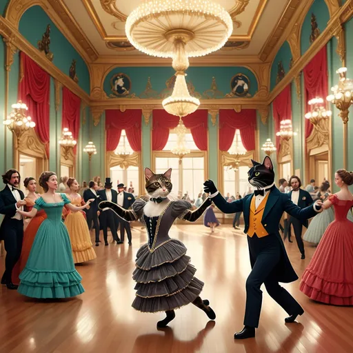 Prompt: Tow cats ballroom dancing together (Wes Anderson style), dressed in Victorian clothing appropriate for a ball, set in an elaborately grand large ballroom in the style of grand holiday ball with Christmas tree in the background (elaborate decorations), bold colors, symmetrical composition, quirky and cinematic vibes, detailed cat features, lively atmosphere, ultra-detailed, vibrant elements.