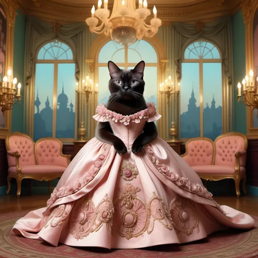 Prompt: Female Burmese long hair cat (Wes Anderson style), dressed in British Victorian ballgown, set in an elaborately ornate ballroom landscape, bold and quirky pastel colors, symmetrical composition, quirky and cinematic vibes, detailed cat features, stylish period ballgown, warm candlelight candelabras casting shadows, serene atmosphere, ultra-detailed, vibrant elements.