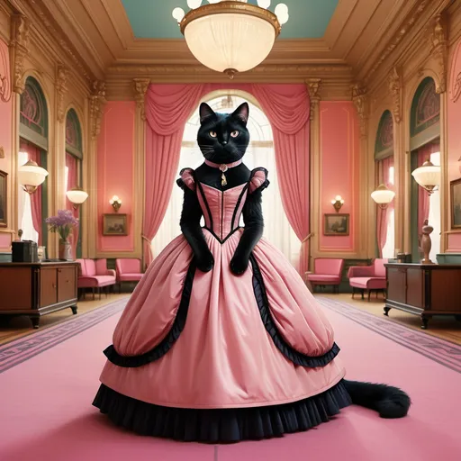 Prompt: Female black long hair cat (Wes Anderson style), dressed in Victorian ballgown, set in an elaborately grand large ballroom in the style of grand Budapest hotel, bold colors, symmetrical composition, quirky and cinematic vibes, detailed cat features, stylish ballgown, lively atmosphere, ultra-detailed, vibrant elements.