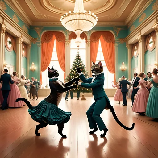 Prompt: Two cats ballroom dancing together (Wes Anderson style), dressed in Victorian clothing appropriate for a ball, set in an elaborately grand large ballroom in the style of grand holiday ball with Christmas tree in the background (elaborate decorations), bold colors, symmetrical composition, quirky and cinematic vibes, detailed cat features, lively atmosphere, ultra-detailed,  Only cats dancing no humans