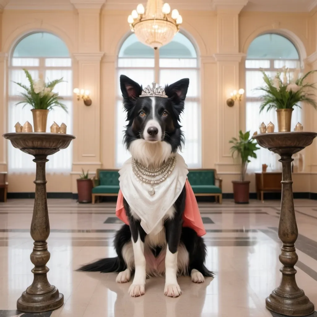 Prompt: Girly black and white female border collie wearing a dress, fancy jewelry, and a tiara in a Hungarian hotel lobby in the style of Wes Anderson


