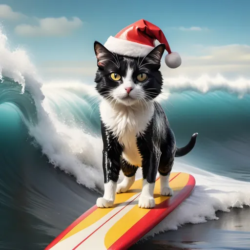 Prompt: Black and white cat surfing an ocean wave in classic surfing pose, (Wes Anderson style), wearing a wet suite and a Santa hat, ultra-realistic, vibrant colors, whimsical atmosphere, symmetrical composition, detailed fur textures, playful poses, surfboard with quirky design, sunny beach setting, retro vintage vibe, soft focus background, cinematic depth, balanced lighting, high detail, 4K quality.