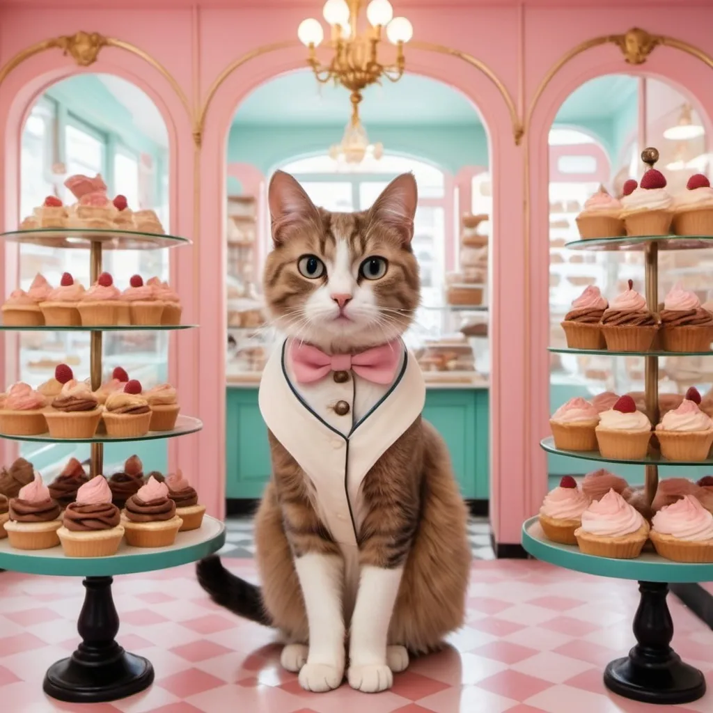 Prompt: Girly cat in a French pastry shop surrounded by desserts in the style of Wes Anderson


