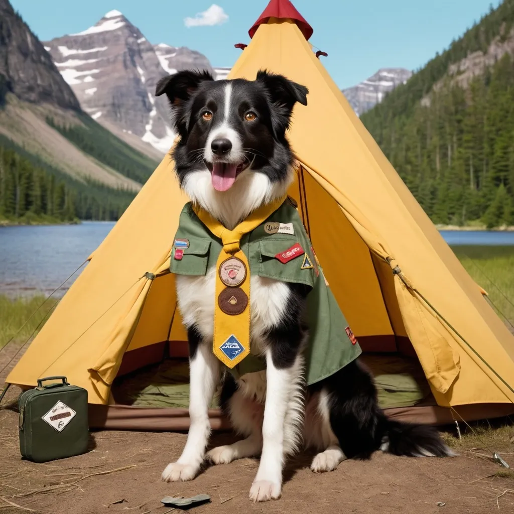 Prompt: Border collie wearing a generic scouting uniform in the style of Wes Anderson's movie Moonrise Kingdom. The scouting uniform has a name tag that is embroidered with "BC Scout". Background is a simple Boy Scout style tent with camping gear around the area