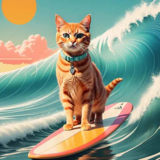 Prompt: (female cat wearing bikinis), surfing on a vibrant ocean wave, (cinematic style of Wes Anderson) with symmetrical composition, whimsical color palette, retro vibes, sunshine reflecting off the water, dynamic wave details, playful expression, high-quality imagery, enchanting and realistic atmosphere, charming and whimsical setting, ultra-detailed, storytelling essence.