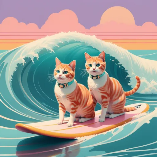 Prompt: (female cats wearing bikinis), surfing on a vibrant ocean wave, (cinematic style of Wes Anderson) with symmetrical composition, whimsical color palette, pastel hues, retro vibes, sunshine reflecting off the water, dynamic wave details, playful expressions, high-quality imagery, enchanting and surreal atmosphere, charming and whimsical setting, ultra-detailed, storytelling essence.