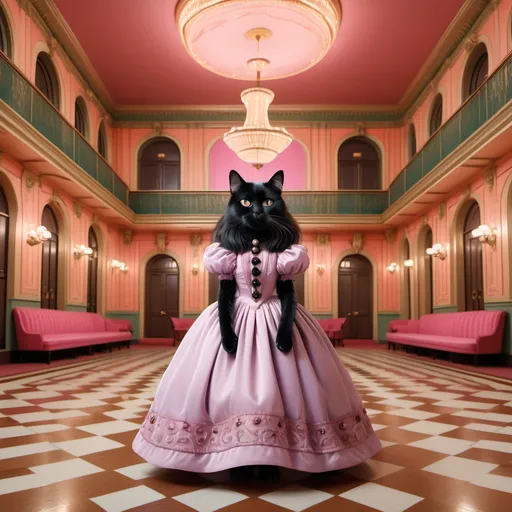 Prompt: Female black long hair cat (Wes Anderson style), dressed in Victorian ballgown, set in an elaborately grand large ballroom in the style of grand Budapest hotel, bold colors, symmetrical composition, quirky and cinematic vibes, detailed cat features, stylish ballgown, lively atmosphere, ultra-detailed, vibrant elements.