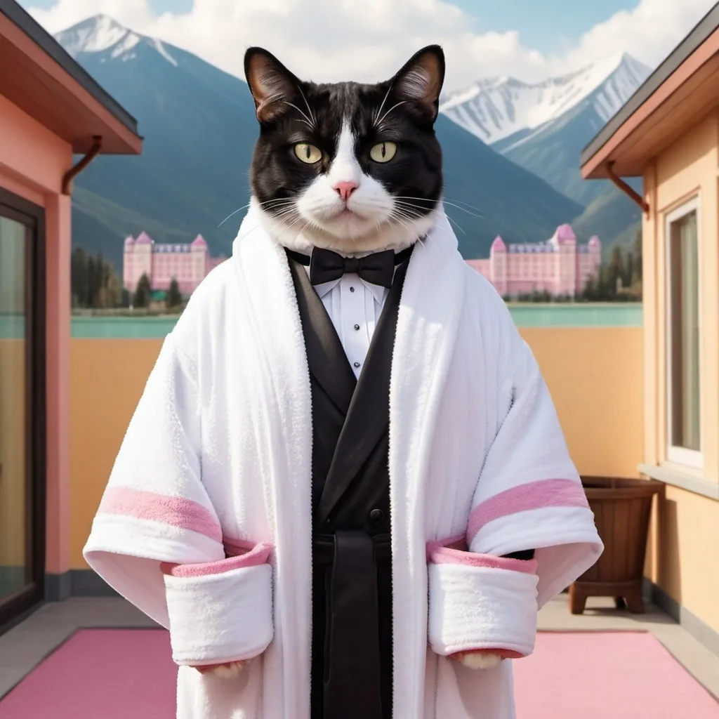 Prompt: black and white tuxedo cat in the style of Wes Anderson movie Grand Budapest Hotel. The cat is standing in front of a Hungarian spa hotel with mountains all around. The cat is wearing a bathrobe and carrying a towel