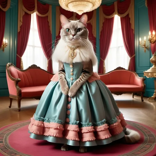 Prompt: Female Burmese long hair cat (Wes Anderson style), dressed in British Victorian ballgown, set in an elaborately grand large ballroom, bold and quirky colors, symmetrical composition, quirky and cinematic vibes, detailed cat features, stylish period ballgown, lively atmosphere, ultra-detailed, vibrant elements.