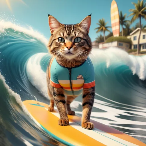 Prompt: Tabby cat surfing an ocean wave in classic surfing pose, (Wes Anderson style), ultra-realistic, vibrant colors, whimsical atmosphere, symmetrical composition, detailed fur textures, wearing swimsuit, playful poses, surfboard with quirky design, sunny beach setting, retro vintage vibe, soft focus background, cinematic depth, balanced lighting, high detail, 4K quality.