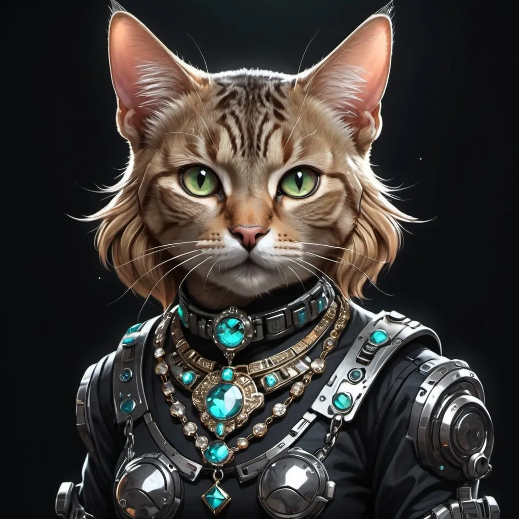 Prompt: Anime cyberpunk style, female tabby cat wearing jewels, highly detailed, HD, dark background