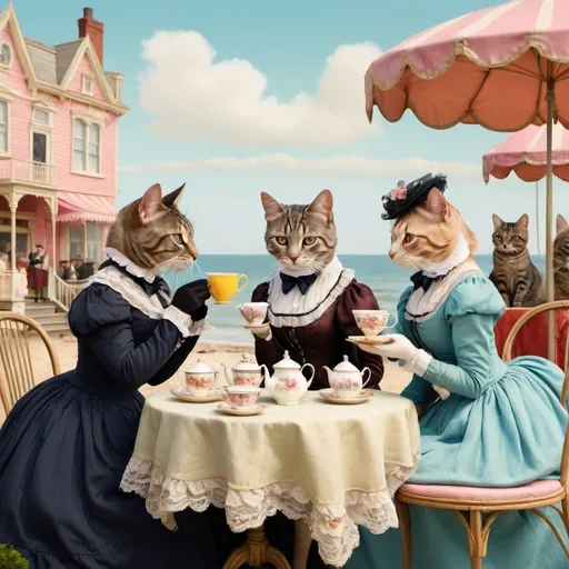 Prompt: The background setting is a summer carnival by the seaside. Subjects are human sized female tabby cats of different colors wearing victorian dresses. The subjects are sipping tea and gossiping. The scene is Wes Anderson style with a color palette of the victorian time.