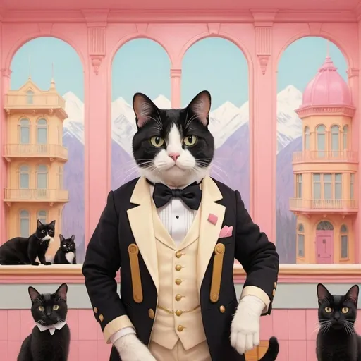 Prompt: Tuxedo Cat  in the style of Wes Anderson movie Grand Budapest Hotel


