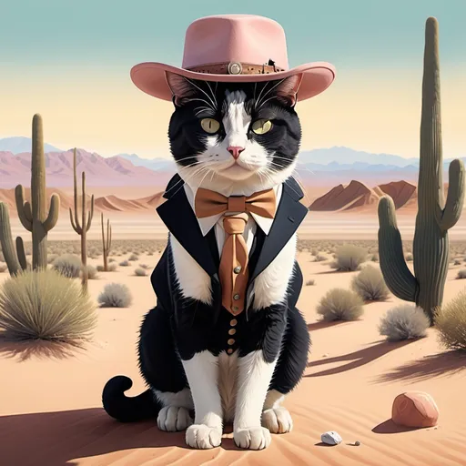 Prompt: (tuxedo cat), (Wes Anderson style), dressed in western gear, set against a vast desert landscape, muted pastel colors, symmetrical composition, quirky and cinematic vibes, detailed cat features, stylish hat and boots, warm sunlight casting long shadows, serene atmosphere, ultra-detailed, vibrant elements amidst the sandy terrain.