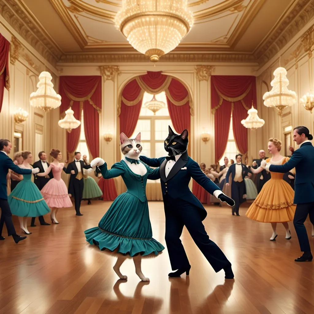 Prompt: Two cats ballroom dancing together (Wes Anderson style), dressed in Victorian clothing appropriate for a ball, set in an elaborately grand large ballroom in the style of grand holiday ball with Christmas tree in the background (elaborate decorations), bold colors, symmetrical composition, quirky and cinematic vibes, detailed cat features, lively atmosphere, ultra-detailed,  Only cats dancing no humans