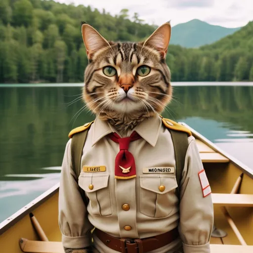 Prompt: male tabby cat with feminine features wearing generic scouting uniform in the style of Wes Anderson's movie Moonrise Kingdom. Background is a lake with a canoe