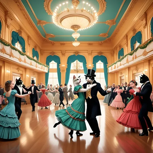 Prompt: Tow cats ballroom dancing together (Wes Anderson style), dressed in Victorian clothing appropriate for a ball, set in an elaborately grand large ballroom in the style of grand holiday ball with Christmas tree in the background (elaborate decorations), bold colors, symmetrical composition, quirky and cinematic vibes, detailed cat features, lively atmosphere, ultra-detailed, vibrant elements.