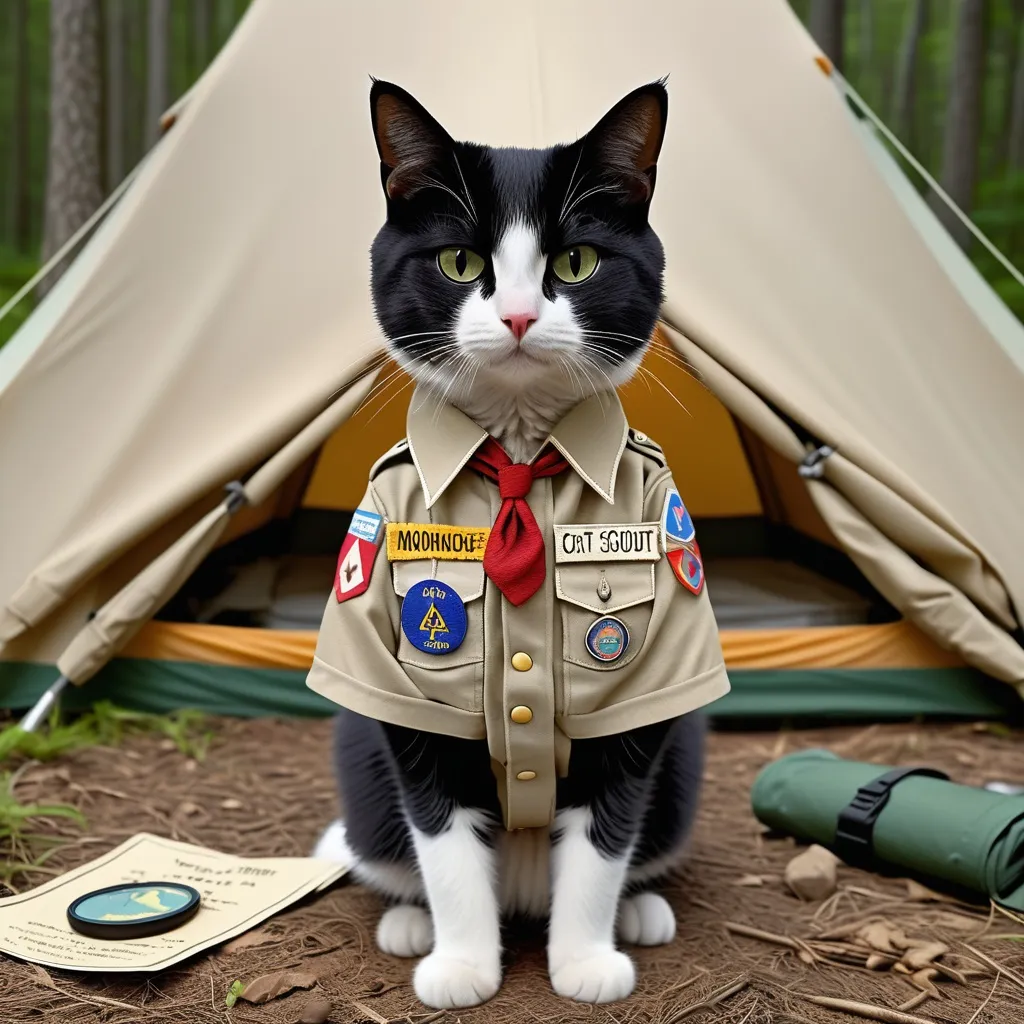 Prompt: Black and white cat wearing a generic scouting uniform in the style of Wes Anderson's movie Moonrise Kingdom. The scouting uniform has a name tag that is embroidered with CAT
. Background is a simple Boy Scout style tent with camping gear around the area