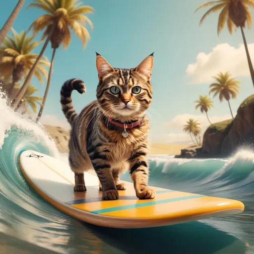 Prompt: Tabby cat surfing, (Wes Anderson style), ultra-realistic, vibrant colors, whimsical atmosphere, symmetrical composition, detailed fur textures, playful poses, surfboard with quirky design, sunny beach setting, retro vintage vibe, soft focus background, cinematic depth, balanced lighting, high detail, 4K quality.