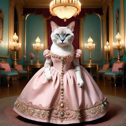 Prompt: Female Burmese long hair cat (Wes Anderson style), dressed in British Victorian ballgown, set in an elaborately ornate ballroom landscape, bold and quirky pastel colors, symmetrical composition, quirky and cinematic vibes, detailed cat features, stylish period ballgown, warm candlelight candelabras casting shadows, serene atmosphere, ultra-detailed, vibrant elements.