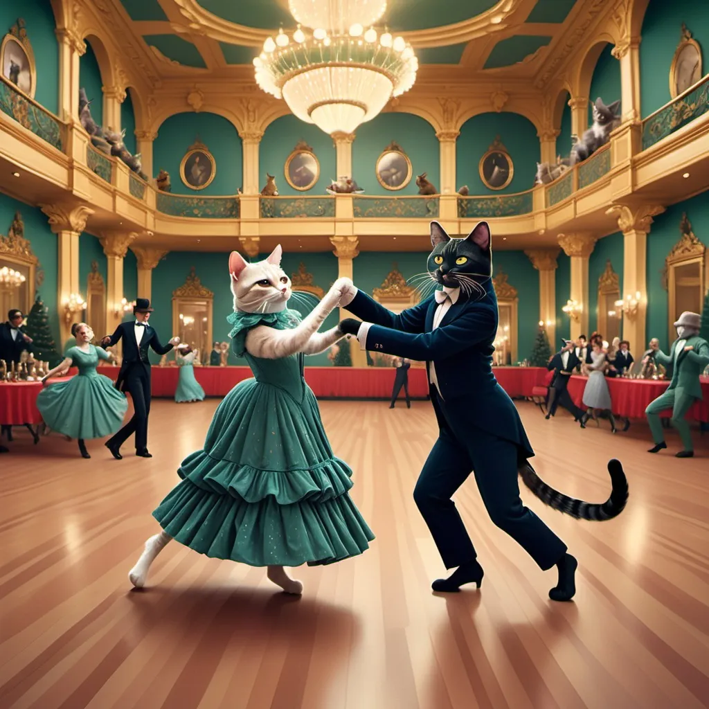 Prompt: Two cats ballroom dancing together (Wes Anderson style), dressed in Victorian clothing appropriate for a ball, set in an elaborately grand large ballroom in the style of grand holiday ball with Christmas tree in the background (elaborate decorations), bold colors, symmetrical composition, quirky and cinematic vibes, detailed cat features, lively atmosphere, ultra-detailed,  Only cats dancing no humans