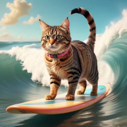 Prompt: Tabby cat surfing an ocean wave in classic surfing pose, (Wes Anderson style), ultra-realistic, vibrant colors, whimsical atmosphere, symmetrical composition, detailed fur textures, wearing swimsuit, playful poses, surfboard with quirky design, sunny beach setting, retro vintage vibe, soft focus background, cinematic depth, balanced lighting, high detail, 4K quality.