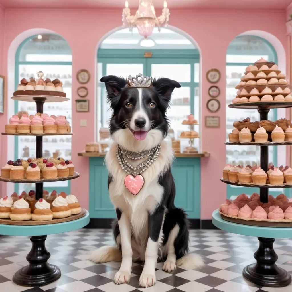 Prompt: Girly black and white female border collie wearing a dress, fancy jewelry, and a tiara in a French pastry shop surrounded by desserts in the style of Wes Anderson


