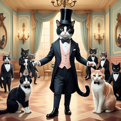 Prompt: (tuxedo cat), (Wes Anderson style), dressed in British Victorian suit, set in a ballroom landscape with other cats dancing in the background, muted pastel colors, symmetrical composition, quirky and cinematic vibes, detailed cat features, stylish hat and boots, warm candlelight candelabras casting shadows, serene atmosphere, ultra-detailed, vibrant elements amidst the sandy terrain.