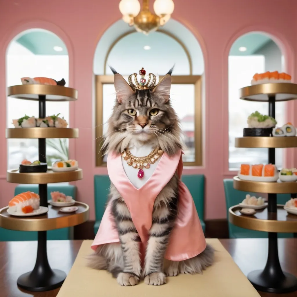 Prompt: Girly Maine Coon female cat wearing a dress, fancy jewelry, and a tiara in a fancy restaurant with sushi in the style of Wes Anderson


