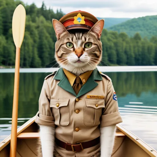 Prompt: male tabby cat with feminine features wearing generic scouting uniform in the style of Wes Anderson's movie Moonrise Kingdom. Background is a lake with a canoe